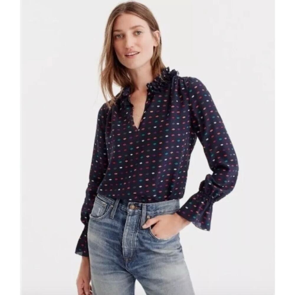 J. Crew Navy Blouse with Pink and Teal Dot Print